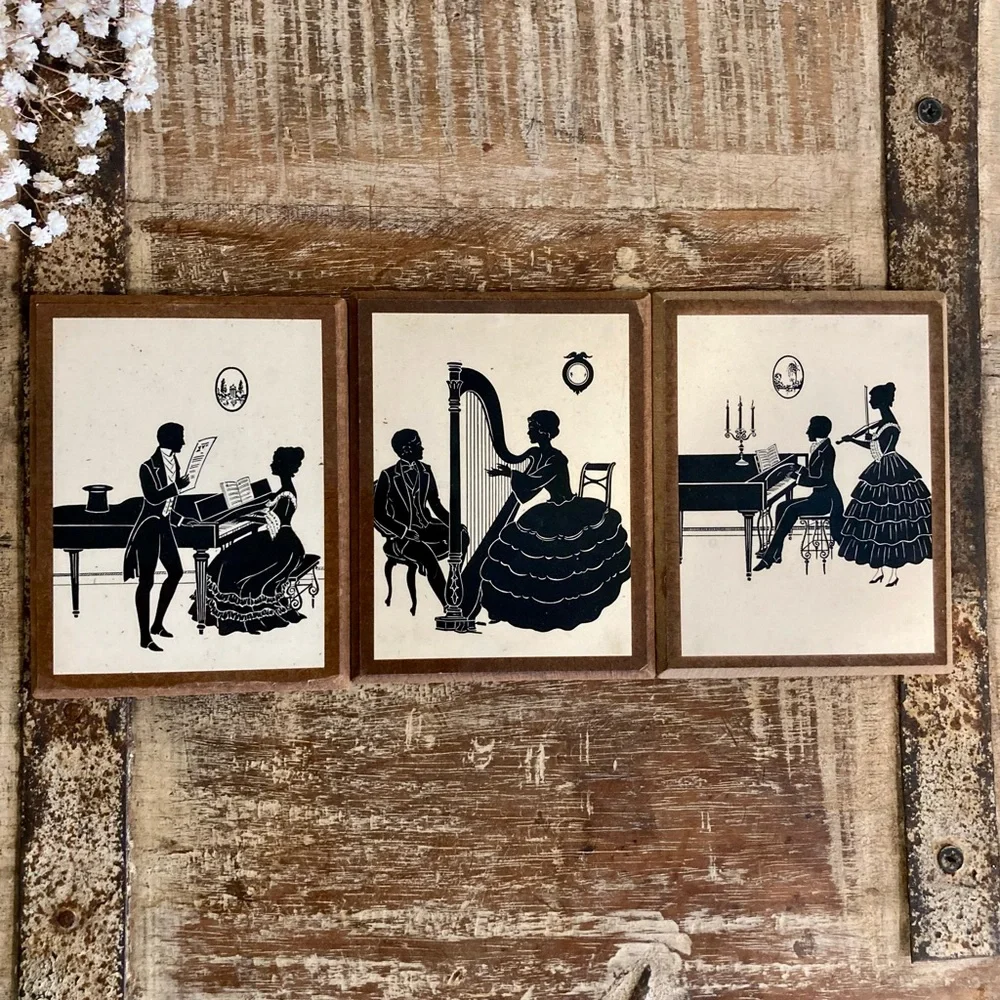 Vintage Set of 3 Victorian Revival Music Silhouette Prints - Black on Cream - Picture 6 of 16